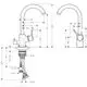 Hansgrohe Spültischmischer mit einem gebogenen Auslauf und einem seitlichen Hebel, dargestellt in technischen Zeichnungen mit Maßangaben und Anschlussdetails.